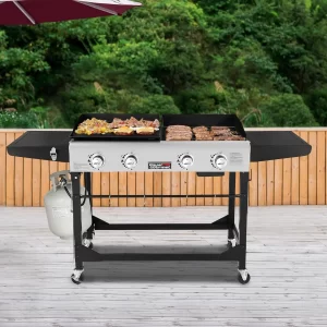 Royal Gourmet GD401 Portable Propane Gas Grill and Griddle Combo with Side Table | 4-Burner, Folding Legs,Versatile, Outdoor | B